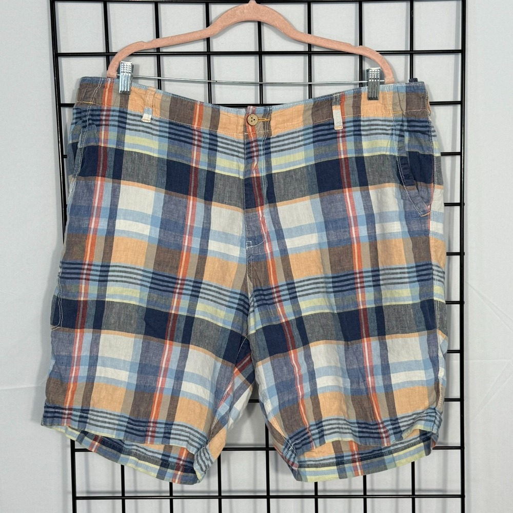 Tommy Bahama Relax 100% Linen Plaid Shorts‎ Mens 42 Orange Blue Coastal Preppy